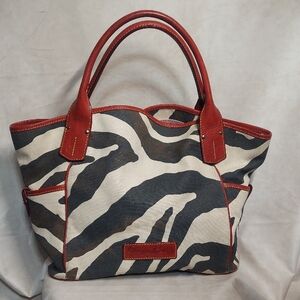 Dooney & Bourke Zebra Canvas Tote Bag Red Leather Trim Safari Large READ DESC